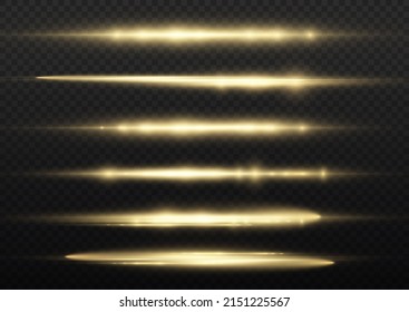 Horizontal light rays, flash yellow horizontal lens flares pack, golden laser beams, glow yellow line on transparent background, beautiful light flare, bright gold glare, vector illustration, eps 10.