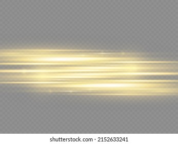 Horizontal light rays, flash yellow horizontal lens flares pack, golden laser beams, glow yellow line on transparent background, beautiful light flare, bright gold glare, vector illustration, eps 10.