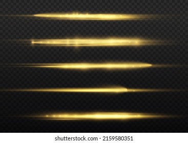 Horizontal light rays, flash yellow horizontal lens flares pack, golden laser beams, glow yellow line on transparent background, beautiful light flare, bright gold glare, vector illustration, eps 10.