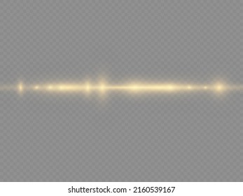 Horizontal light rays, flash yellow horizontal lens flares pack, laser beams, glow yellow line on transparent background, beautiful light flare, bright gold glare, vector illustration, eps 10. 