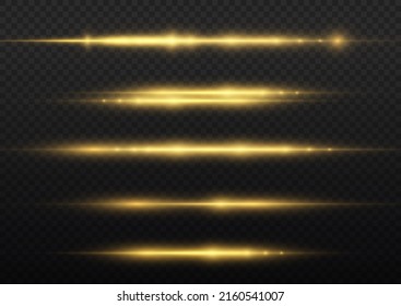 Horizontal light rays, flash yellow horizontal lens flares pack, laser beams, glow yellow line on transparent background, beautiful light flare, bright gold glare, vector illustration, eps 10.