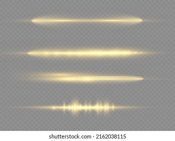 Horizontal light rays, flash yellow horizontal lens flares pack, laser beams, glow yellow line on transparent background, beautiful light flare, bright gold glare, vector illustration, eps 10.