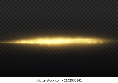 Horizontal light rays, flash yellow horizontal lens flares pack, laser beams, glow yellow line on transparent background, beautiful light flare, bright gold glare, vector illustration, eps 10.