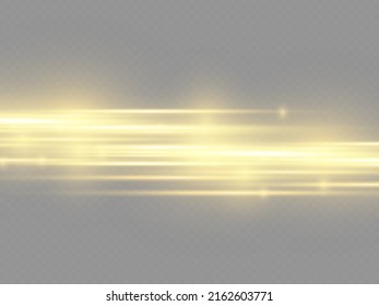 Horizontal light rays, flash yellow horizontal lens flares pack, golden laser beams, glow yellow line on transparent background, beautiful light flare, bright gold glare, vector illustration, eps 10.