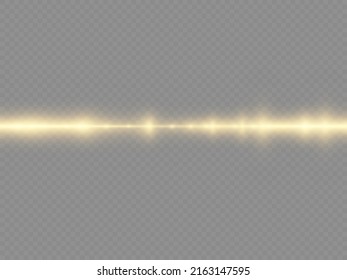 Horizontal light rays, flash yellow horizontal lens flares pack, laser beams, glow yellow line on transparent background, beautiful light flare, bright gold glare, vector illustration, eps 10.