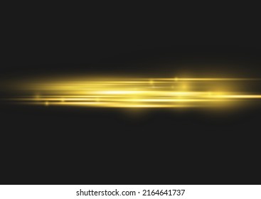Horizontal light rays, flash yellow horizontal lens flares pack, golden laser beams, glow yellow line on transparent background, beautiful light flare, bright gold glare, vector illustration, eps 10.