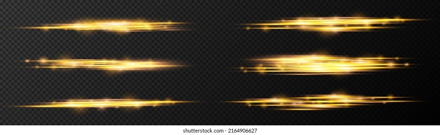 Horizontal light rays, flash yellow horizontal lens flares pack, laser beams, glow yellow line on transparent background, beautiful light flare, bright gold glare, vector illustration, eps 10.