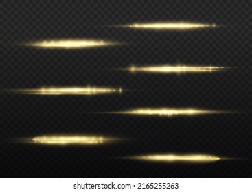 Horizontal light rays, flash yellow horizontal lens flares pack, golden laser beams, glow yellow line on transparent background, beautiful light flare, bright gold glare, vector illustration, eps 10.