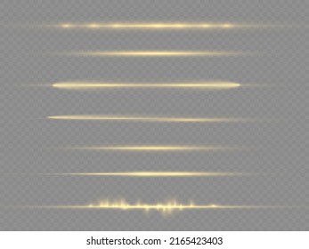 Horizontal light rays, flash yellow horizontal lens flares pack, laser beams, glow yellow line on transparent background, beautiful light flare, bright gold glare, vector illustration, eps 10.