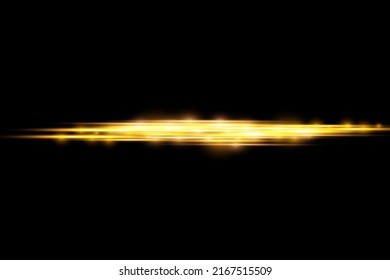 Horizontal light rays, flash yellow horizontal lens flares pack, laser beams, glow yellow line on black background, beautiful light flare, bright gold glare, vector illustration, eps 10.
