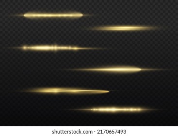 Horizontal light rays, flash yellow horizontal lens flares pack, laser beams, beautiful light flare, bright gold glare, glow yellow line on transparent background, vector illustration, eps 10.