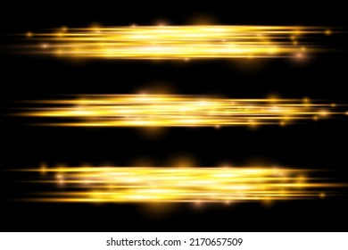 Horizontal light rays, flash yellow horizontal lens flares pack, beautiful light flare, bright gold glare, laser beams, glow yellow line on black background, vector illustration, eps 10.