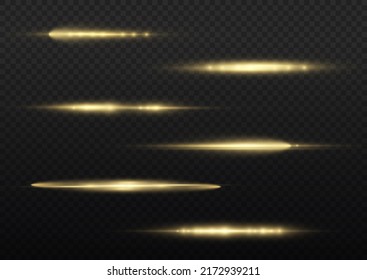 Horizontal light rays, flash yellow horizontal lens flares pack, laser beams, beautiful light flare, bright gold glare, glow yellow line on transparent background, vector illustration, eps 10.