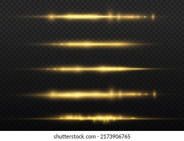 Horizontal light rays, flash yellow horizontal lens flares pack, laser beams, beautiful light flare, bright gold glare, glow yellow line on transparent background, vector illustration, eps 10.