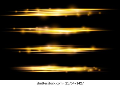 Horizontal light rays, flash yellow horizontal lens flares pack, laser beams, glow golden line on black background, beautiful light flare, bright gold glare, vector illustration, eps 10.