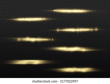 Horizontal light rays, flash yellow horizontal lens flares pack, laser beams, glow yellow line on transparent background, beautiful light flare, bright gold glare, vector illustration, eps 10.