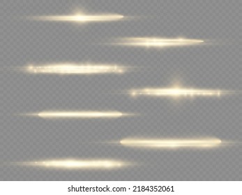 Horizontal light rays, flash yellow horizontal lens flares pack, laser beams, glow yellow line on transparent background, beautiful light flare, bright gold glare, vector illustration, eps 10.