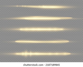 Horizontal light rays, flash yellow horizontal lens flares pack, laser beams, glow yellow line on transparent background, beautiful light flare, bright gold glare, vector illustration, eps 10.