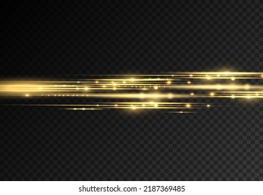 Horizontal light rays, flash yellow horizontal lens flares pack, laser beams, glow golden line on black background, beautiful light flare, bright gold glare, vector illustration, eps 10.