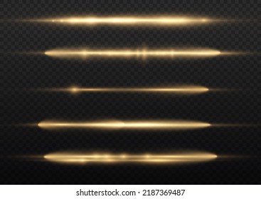 Horizontal light rays, flash yellow horizontal lens flares pack, laser beams, glow yellow line on transparent background, beautiful light flare, bright gold glare, vector illustration, eps 10.
