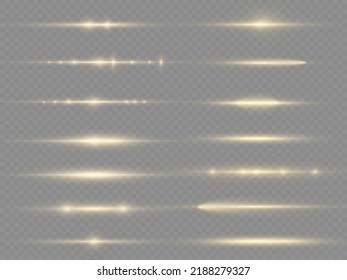 Horizontal light rays, flash yellow horizontal lens flares pack, laser beams, glow yellow line on transparent background, beautiful light flare, bright gold glare, vector illustration, eps 10.