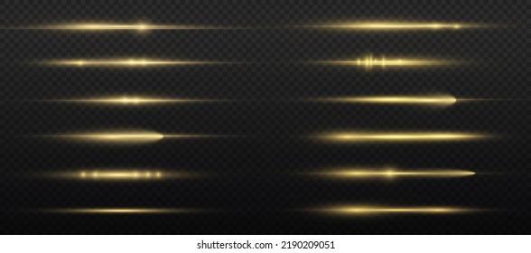 Horizontal light rays, flash yellow horizontal lens flares pack, laser beams, glow yellow line on transparent background, beautiful light flare, bright gold glare, vector illustration, eps 10.