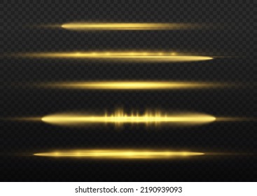 Horizontal light rays, flash yellow horizontal lens flares pack, laser beams, glow yellow line on transparent background, beautiful light flare, bright gold glare, vector illustration, eps 10.