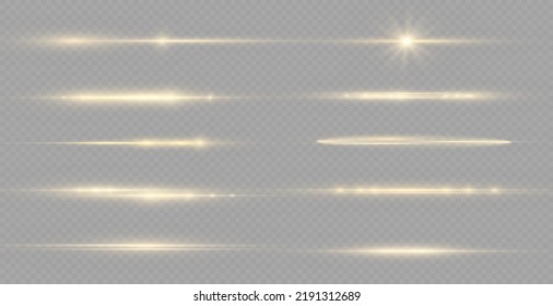 Horizontal light rays, flash yellow horizontal lens flares pack, laser beams, glow yellow line on transparent background, beautiful light flare, bright gold glare, vector illustration, eps 10.