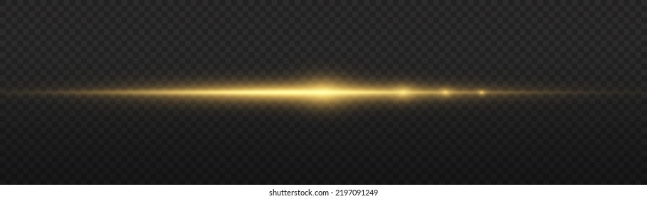 Horizontal light rays, flash yellow horizontal lens flares pack, laser beams, glow yellow line on transparent background, beautiful light flare, bright gold glare, vector illustration, eps 10.