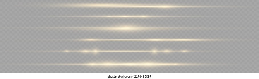 Horizontal light rays, flash yellow horizontal lens flares pack, laser beams, glow yellow line on transparent background, beautiful light flare, bright gold glare, vector illustration, eps 10.