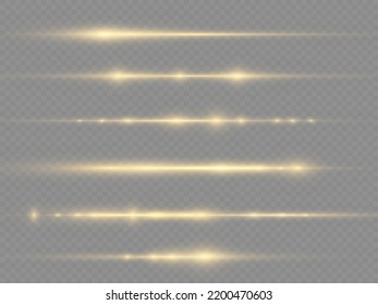 Horizontal light rays, flash yellow horizontal lens flares pack, laser beams, glow yellow line on transparent background, beautiful light flare, bright gold glare, vector illustration, eps 10.