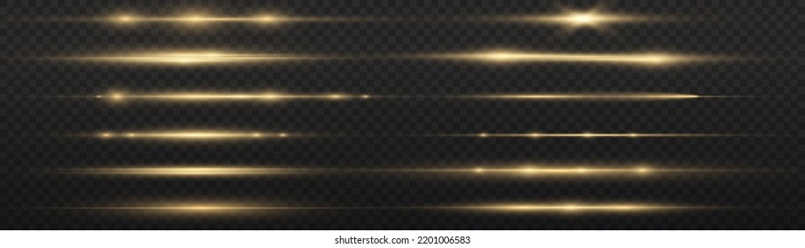 Horizontal light rays, flash yellow horizontal lens flares pack, laser beams, glow yellow line on transparent background, beautiful light flare, bright gold glare, vector illustration, eps 10.