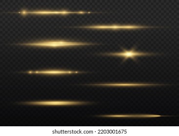 Rayons lumineux horizontaux, pack de feux de lentilles horizontales jaunes, poutres laser, ligne jaune brillant sur fond transparent, belle lumière, éclat doré clair, illustration vectorielle, eps10.