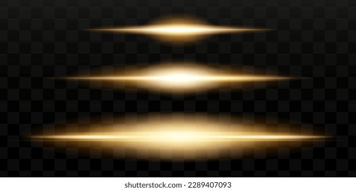 Horizontal light rays, flash yellow horizontal lens flares pack, laser beams, glow yellow line on transparent background, beautiful light flare, bright gold glare, vector illustration, eps 10.