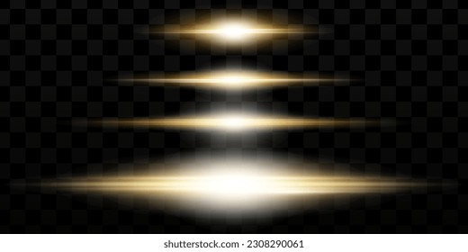 Horizontal light rays, flash yellow horizontal lens flares pack, laser beams, glow yellow line on transparent background, beautiful light flare, bright gold glare, vector illustration, eps 10.