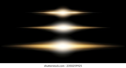 Horizontal light rays, flash yellow horizontal lens flares pack, laser beams, glow yellow line on transparent background, beautiful light flare, bright gold glare, vector illustration, eps 10.