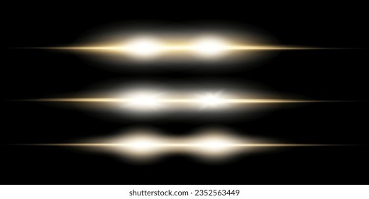 Horizontal light rays, flash yellow horizontal lens flares pack, car headlights, laser beams, glow yellow line on transparent background, beautiful light flare, bright gold glare, vector illustration