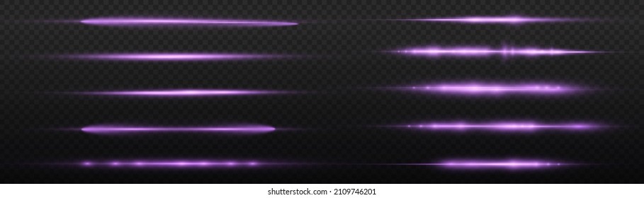 Horizontal light rays, glow violet line on transparent background, flash purple horizontal lens flares pack, laser beams, beautiful light flare, bright gold glare, vector illustration, eps 10. 