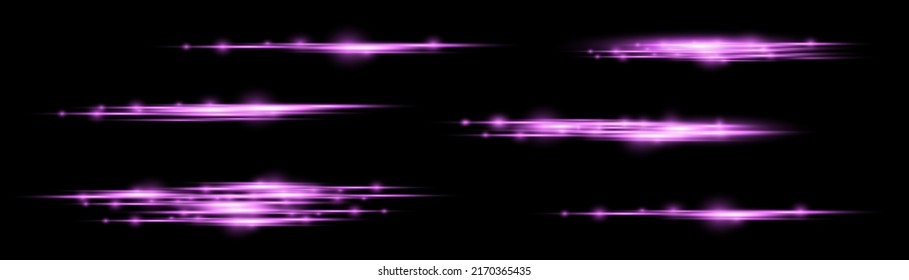 Horizontal light rays, glow violet line on transparent background, beautiful light flare, bright glare, flash purple horizontal lens flares pack, laser beams, vector illustration, eps 10.