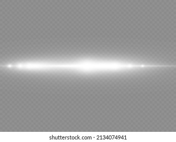 Horizontal light rays, glow white line on transparent background, flash white horizontal lens flares pack, bright gold glare, laser beams, beautiful light flare, vector illustration, eps 10.