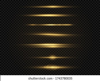 Horizontal light rays, glow yellow line on transparent background, flash yellow horizontal lens flares pack, laser beams, beautiful light flare, bright gold glare, vector illustration, eps 10. 