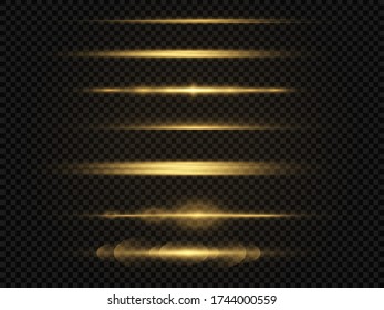 Horizontal Light Rays, Glow Yellow Line On Transparent Background, Flash Yellow Horizontal Lens Flares Pack, Laser Beams, Beautiful Light Flare, Bright Gold Glare, Vector Illustration, Eps 10. 