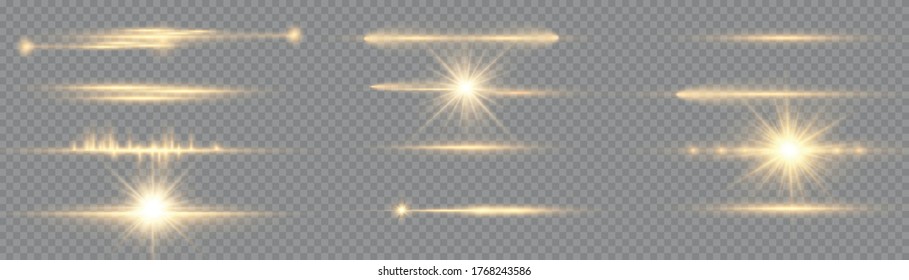 Horizontal light rays, glow yellow line isolated on a transparent background, flash yellow horizontal lens flares pack, laser beams, beautiful light flare, bright gold glare, vector illustration. 