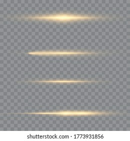 Rayos horizontales de luz, línea amarilla brillante aislada en un fondo transparente, lente horizontal amarillo brillante paquete de bengalas, vigas láser, hermosa bombilla, resplandor dorado brillante, ilustración vectorial. 