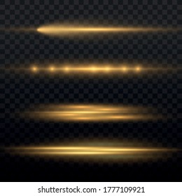 Rayos horizontales de luz, línea amarilla brillante aislada en un fondo transparente, lente horizontal amarillo brillante paquete de bengalas, vigas láser, hermosa bombilla, resplandor dorado brillante, ilustración vectorial. 