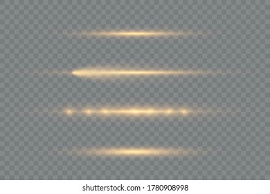 Horizontal light rays, glow yellow line isolated on a transparent background, flash yellow horizontal lens flares pack, laser beams, beautiful light flare, bright gold glare, vector illustration. 