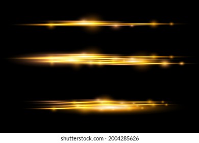 Horizontal light rays, glow yellow line on transparent background, flash yellow horizontal lens flares pack, laser beams, beautiful light flare, bright gold glare, vector illustration, eps 10. 