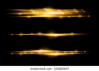 Horizontal light rays, glow yellow line on black background, flash yellow horizontal lens flares pack, laser beams, beautiful light flare, bright gold glare, vector illustration, eps 10. 