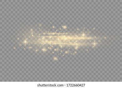 Horizontal light rays, laser beams, beautiful light flare, flash yellow horizontal lens flares pack, glow yellow line on transparent background, bright gold glare, vector illustration, eps 10. 