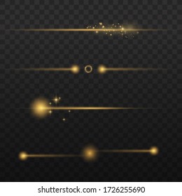 Horizontal Light Rays, Laser Beams, Beautiful Light Flare, Flash Yellow Horizontal Lens Flares Pack, Glow Yellow Line On Transparent Background, Bright Gold Glare, Vector Illustration, Eps 10. 